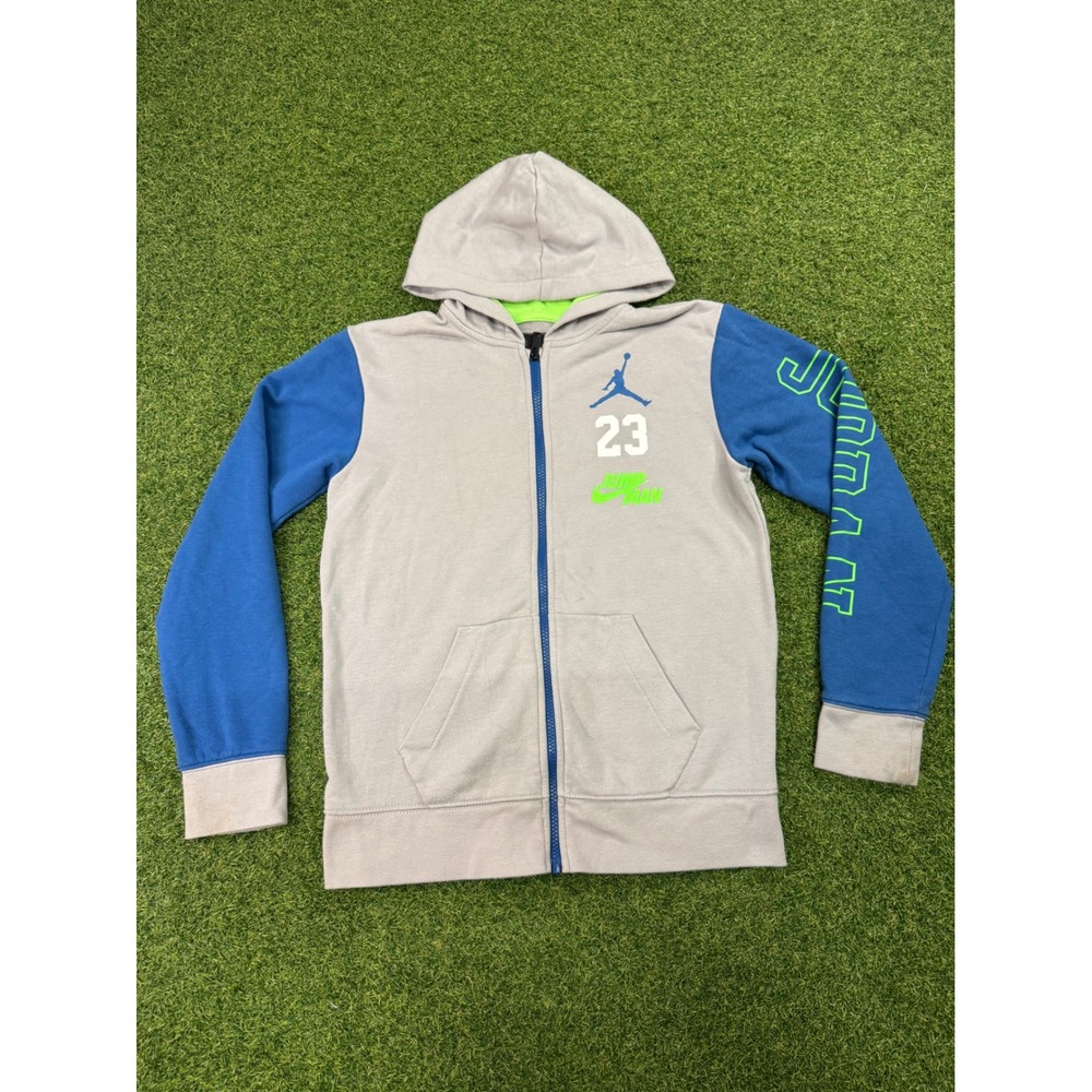 Jordan Boys Full Zip Hoodie Grey Blue Green Jumpman 23 Sweatshirt Size Large L